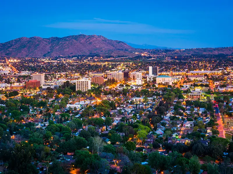 View of Riverside city in California at night